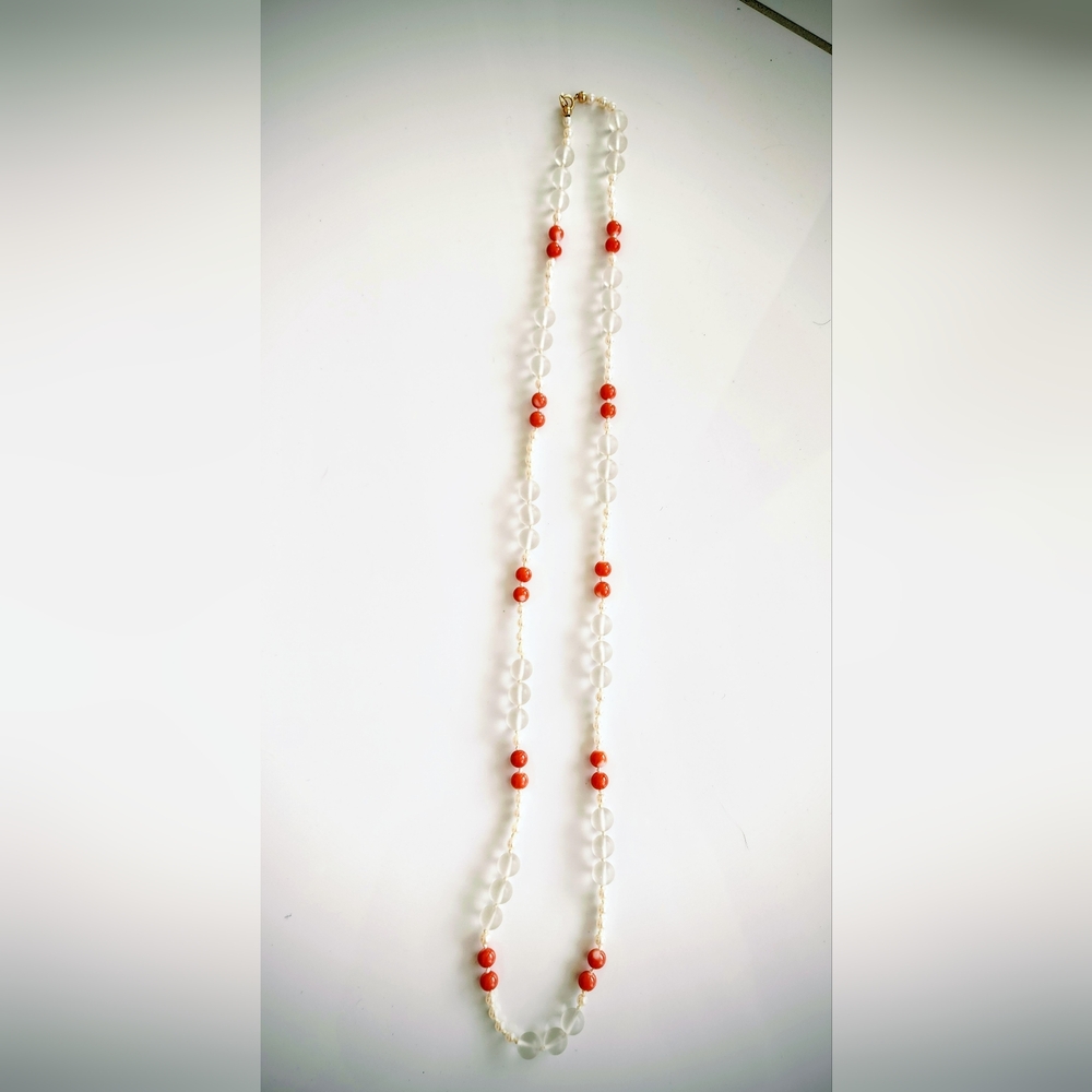 29" Handmade Frosted Crystal Culutred Pearl and Coral Bead Necklace -14kt Clasp